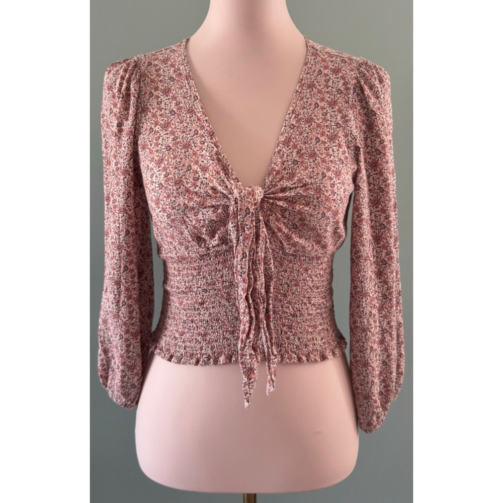 Women's American Eagle M Beige Rust Floral Smocked Tie Front Blouse